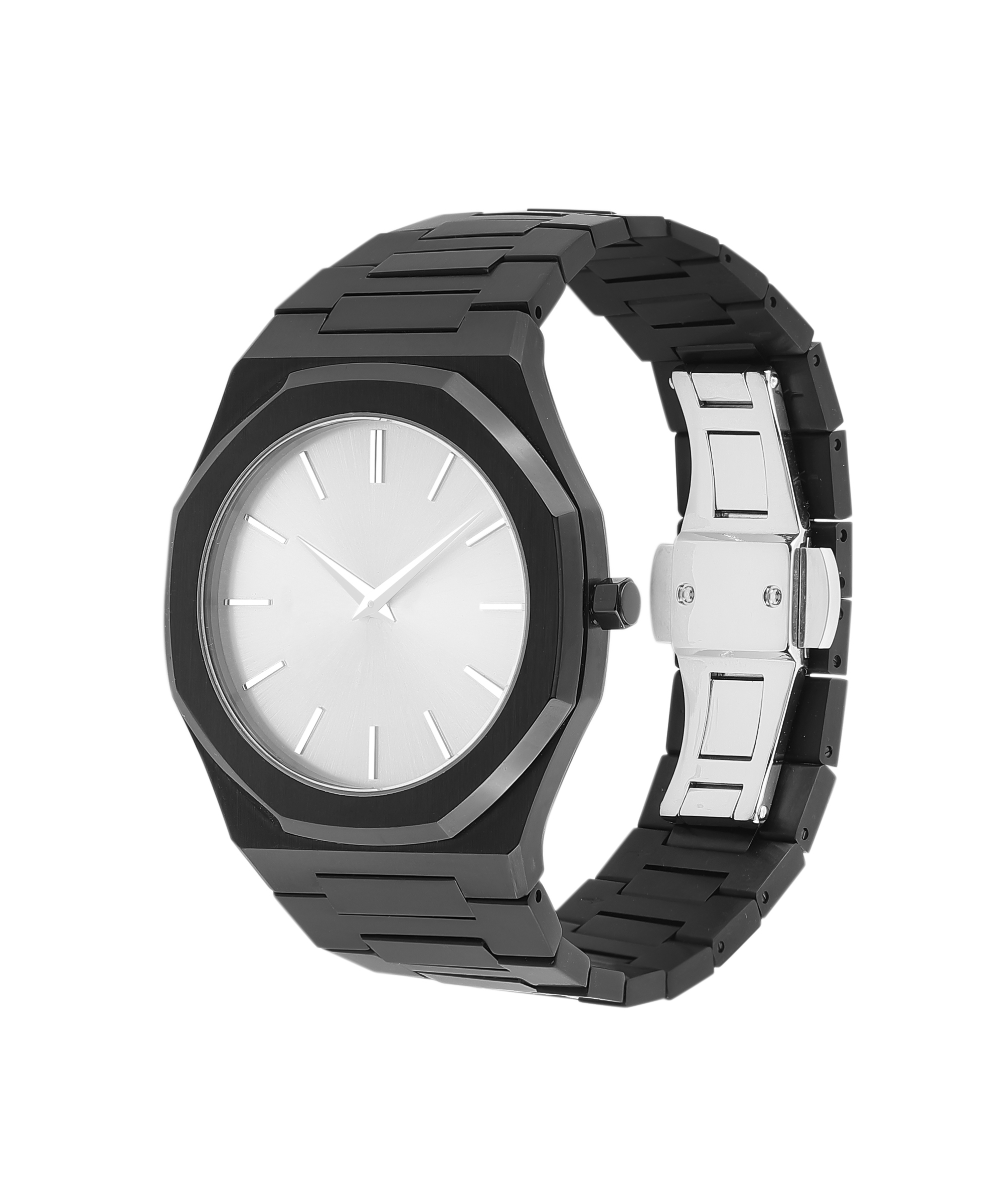 Personalized Sleek Minimalist Watch – Icy White Dial, Black Case, Black Steel Strap - Image 3