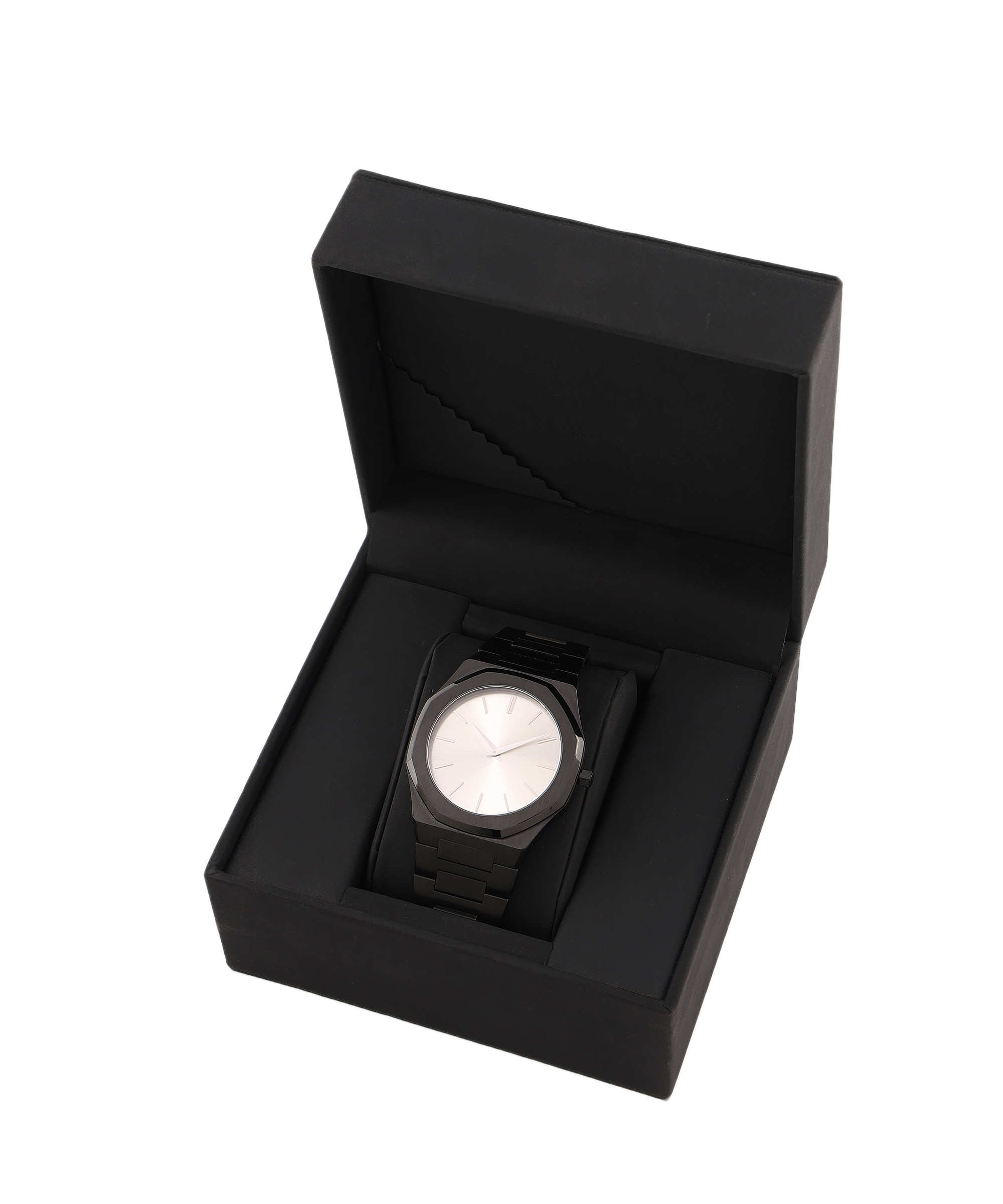 Personalized Sleek Minimalist Watch – Icy White Dial, Black Case, Black Steel Strap - Image 6