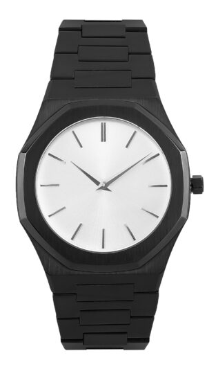 Personalized Sleek Minimalist Watch – Icy White Dial, Black Case, Black Steel Strap
