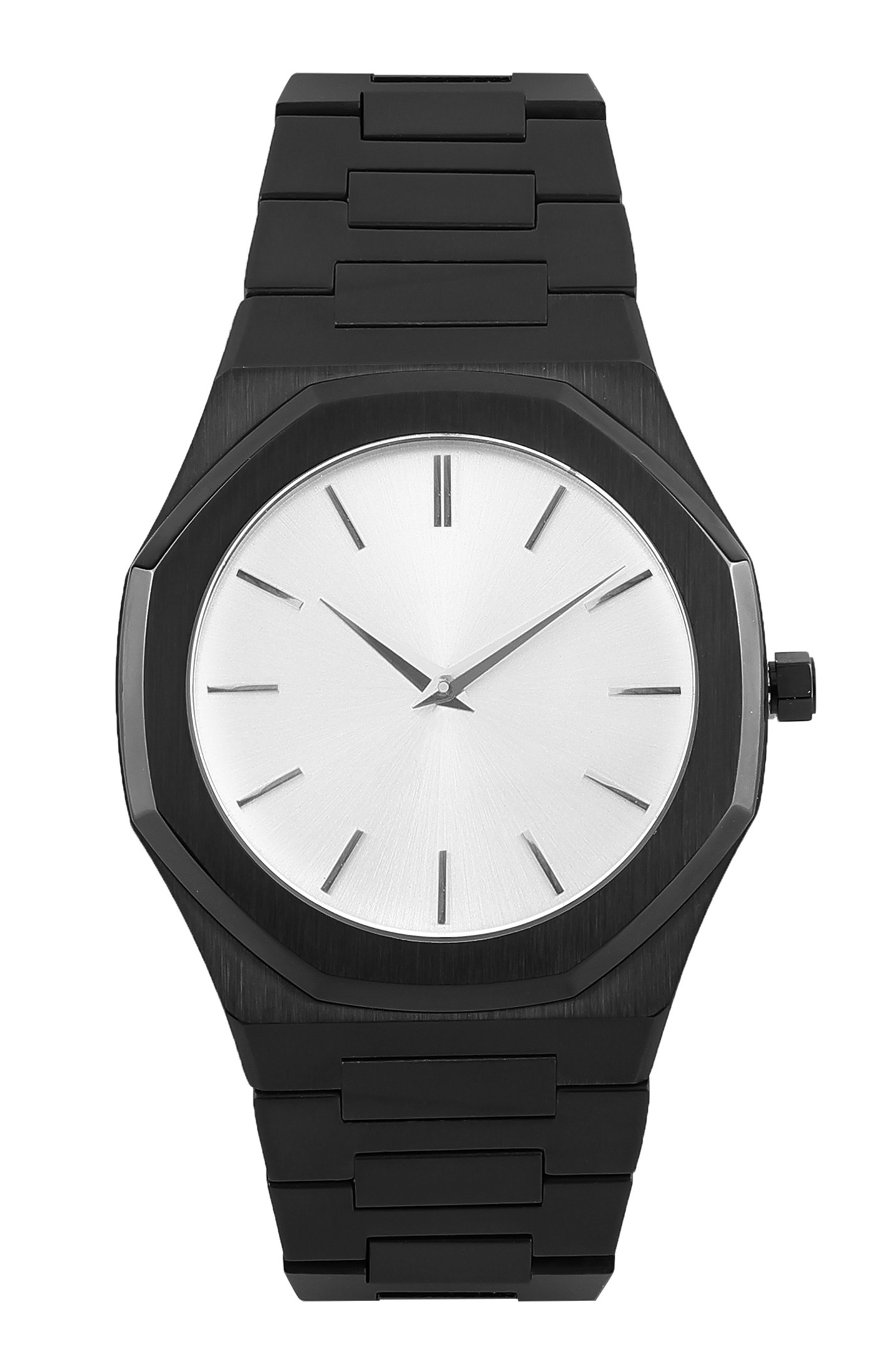 Personalized Sleek Minimalist Watch – Icy White Dial, Black Case, Black Steel Strap