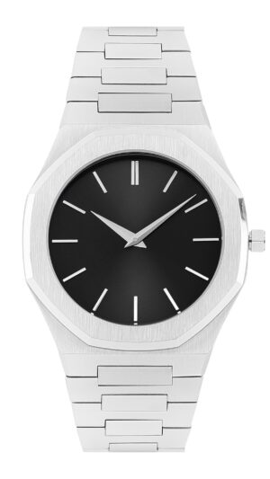 Personalized Sleek Minimalist Watch – Cosmic Black Dial, Silver Steel Strap