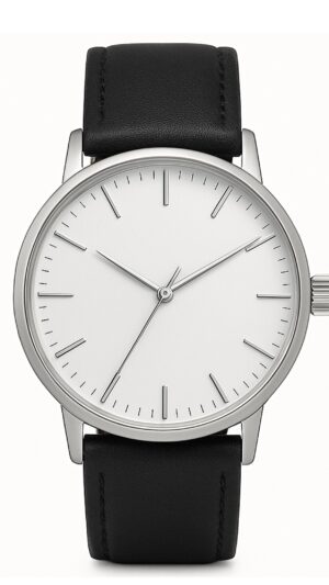Personalized Minimalist Watch – White dial, Silver Case, Black Leather Strap